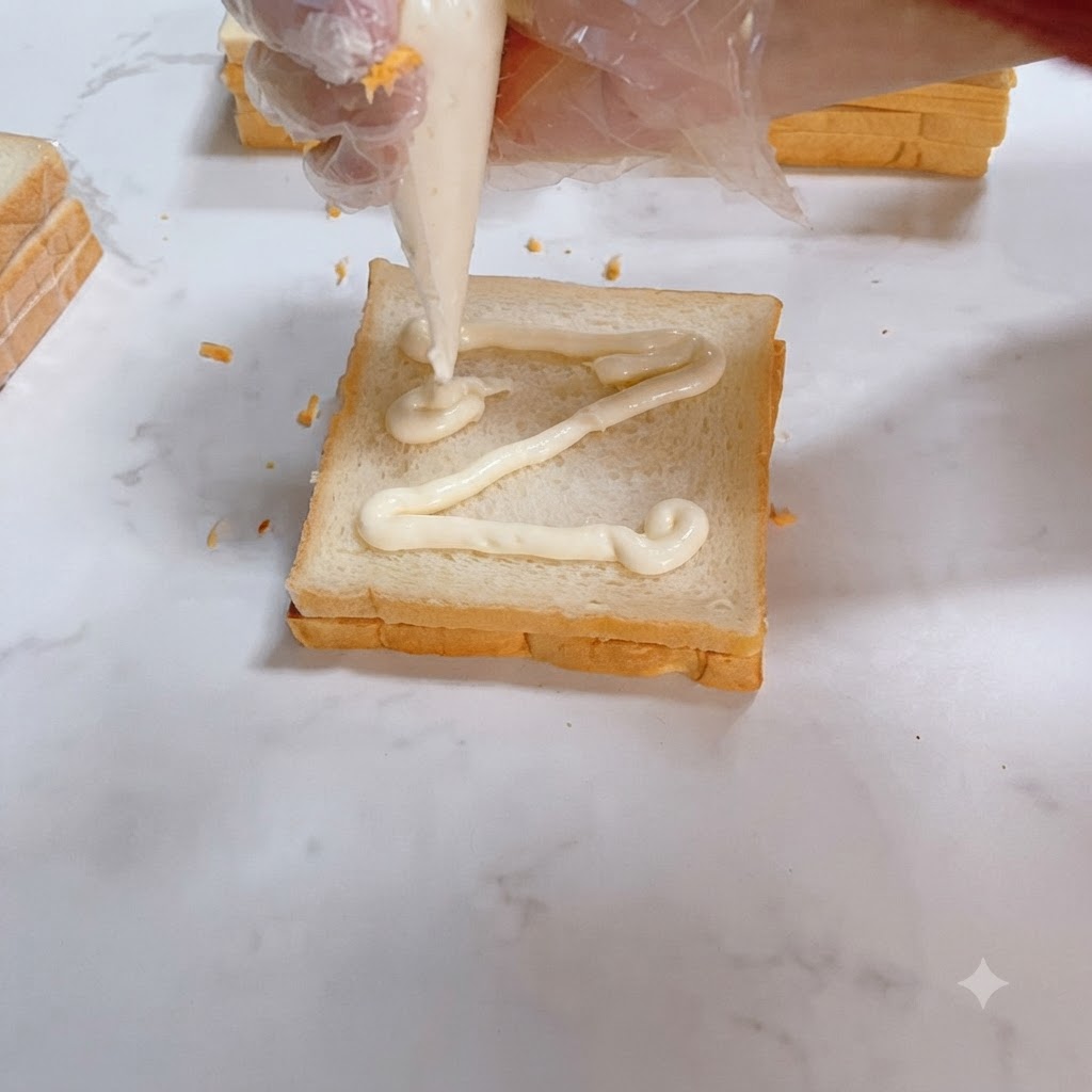 Salatdressing wird in einem Zick-Zack-Muster auf ein Stück Sandwichbrot gespritzt.