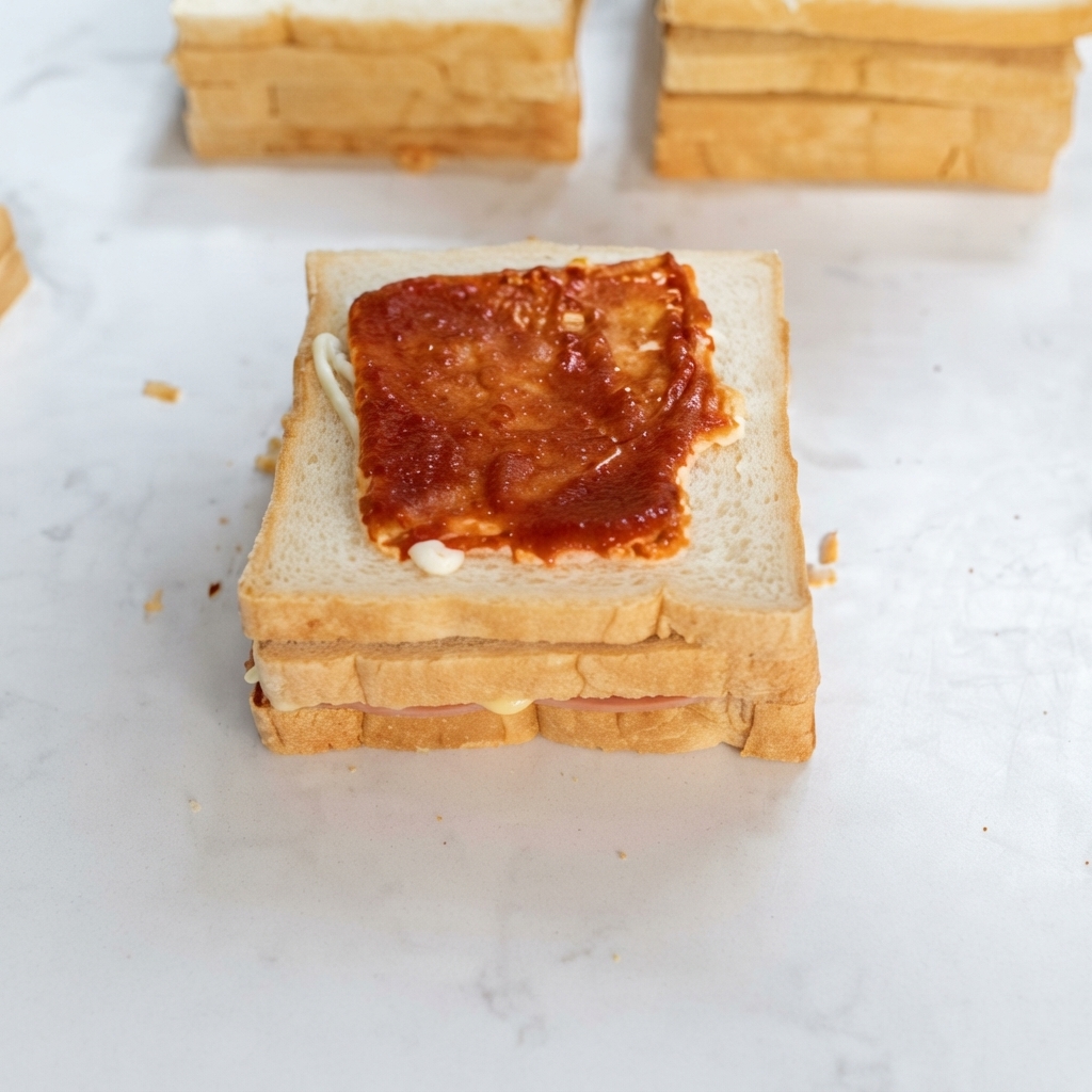 Salatdressing wird in Zick-Zack-Linien über ein nach Orlean-Art mariniertes Hähnchenschnitzel auf geschichtetem Brot aufgetragen.