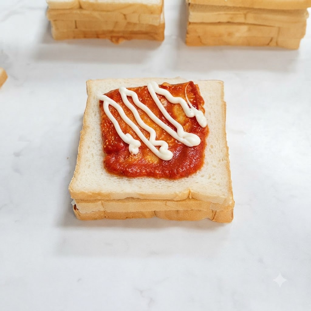 Die oberste Scheibe weißes Sandwichbrot wird auf den zusammengesetzten Stapel gedrückt.