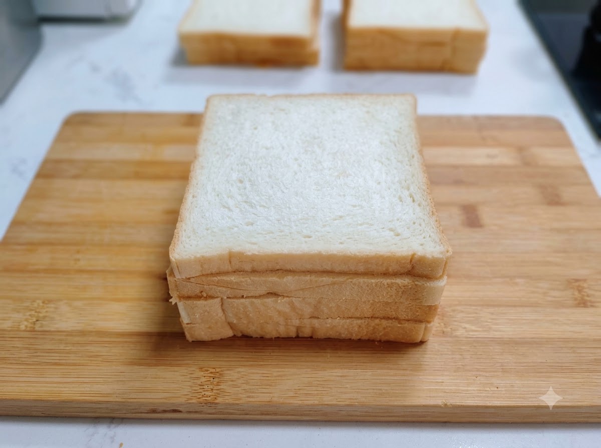Ein fertig geschichtetes Sandwich liegt auf einem Holzschneidebrett und ist bereit zum Zuschneiden.