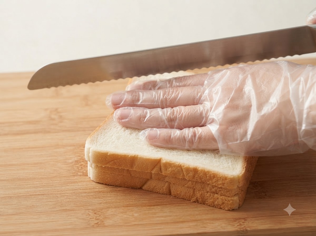 Eine behandschuhte Hand hält ein Sägemesser, um die Eckenkanten eines gestapelten Sandwiches zu trimmen.
