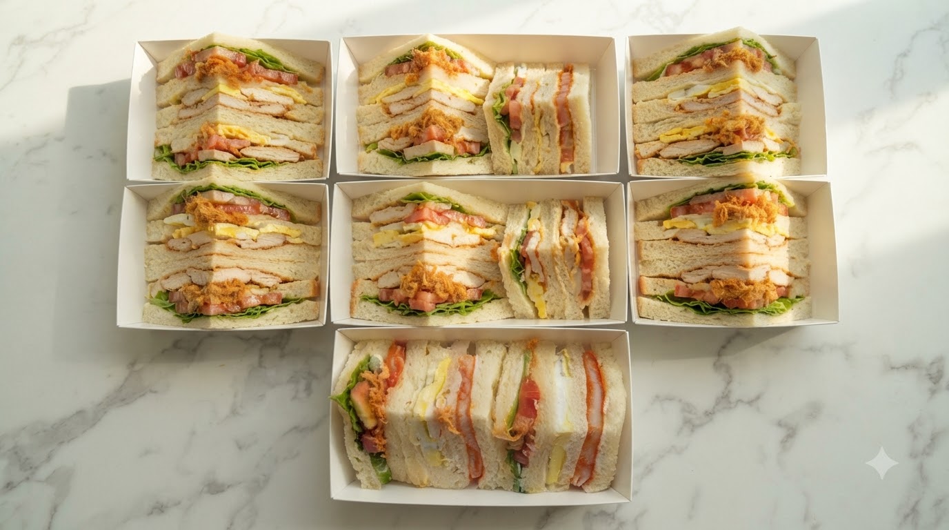Eine Nahaufnahme von oben mehrerer ordentlich verpackter weißer Papierschachteln, gefüllt mit dreieckigen, mehrschichtigen Obst- und Gemüse-Sandwiches.