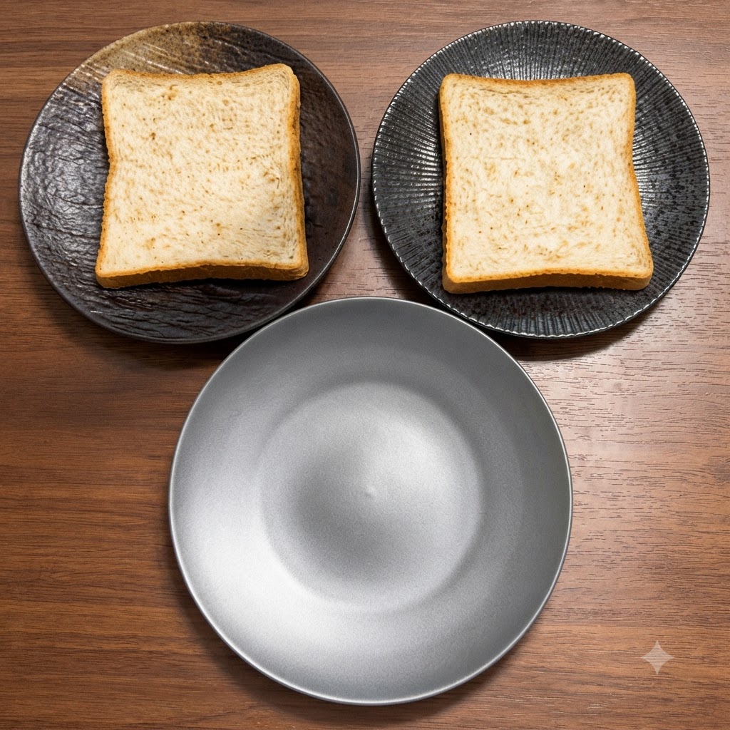Drei Scheiben Vollkorn-Toastbrot auf einzelnen Serviertellern ausgelegt.