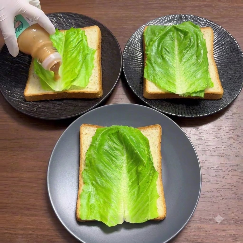 Eine handgeschmückte Hand drückt fettfreie Salatsoße aus einer Flasche auf die Blattsalatschicht eines Sandwiches.