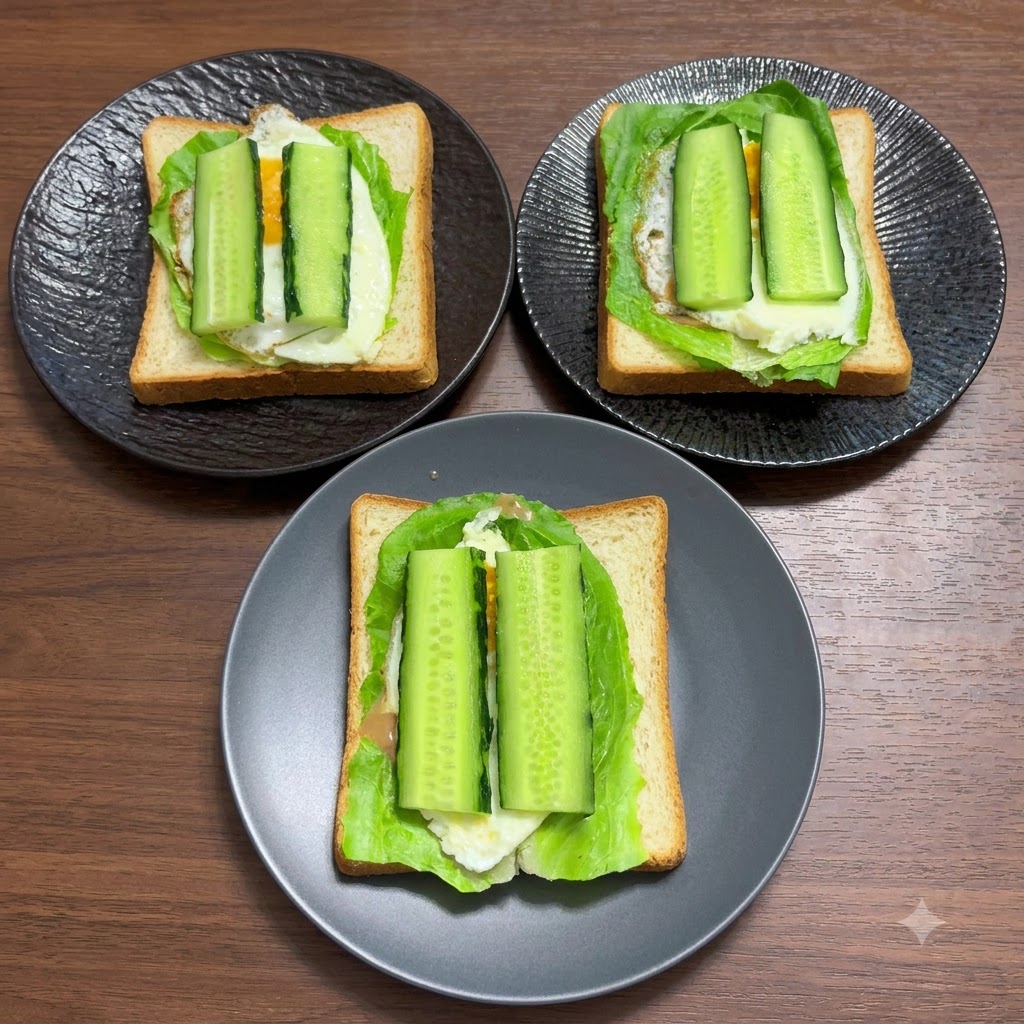Drei Scheiben Vollkornbrot, zubereitet mit Salat, einem Spiegelei und Gurkenscheiben.
