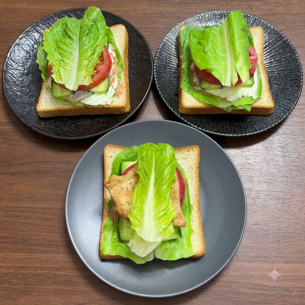Sandwiches, gekrönt mit einer finalen Schicht frischer Salatblätter.