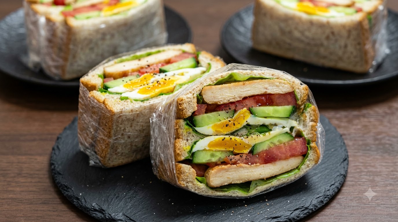 Gesundes Hähnchen-Sandwich mit Vollkornbrot und Eiern