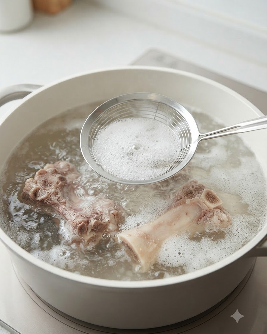Ein Schaumlöffel entfernt Schaum aus kochendem Wasser mit Schweinerippchen in einem weißen Topf.
