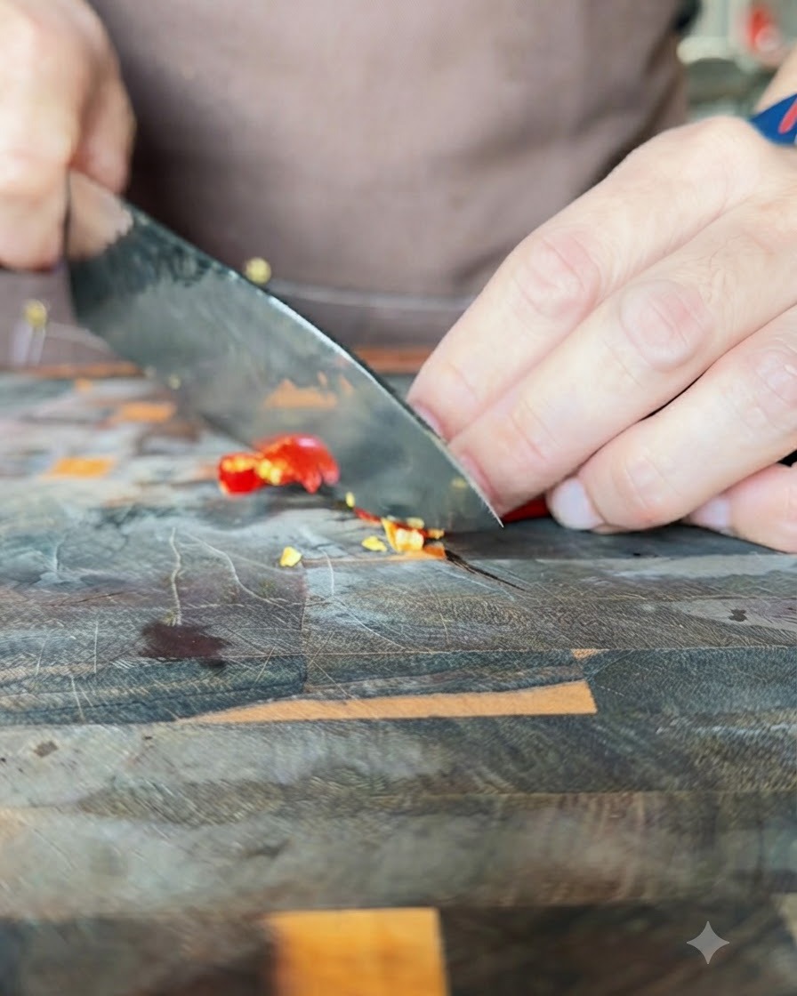 Ein Küchenmesser schneidet leuchtend rote und grüne Chilischoten auf einem Holzbrett.