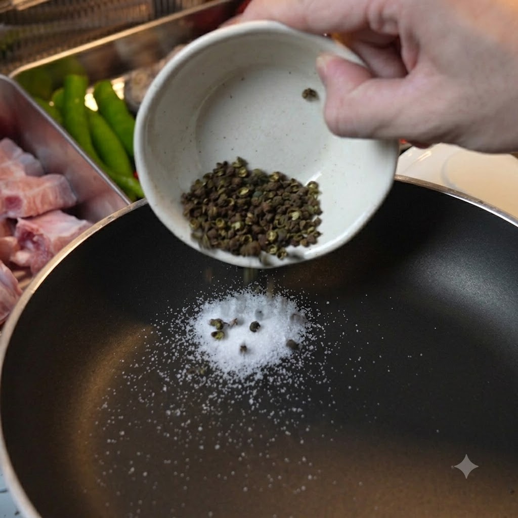 Grüne Sichuan-Pfefferkörner und grobes Salz werden zum Trockenrösten in eine schwarze Pfanne gegeben.