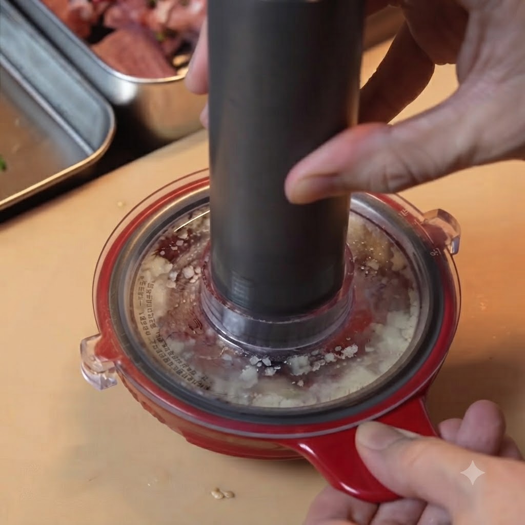 Knoblauchzehen werden in einer elektrischen Mini-Küchenmaschine auf einem Holzschneidebrett zerkleinert.