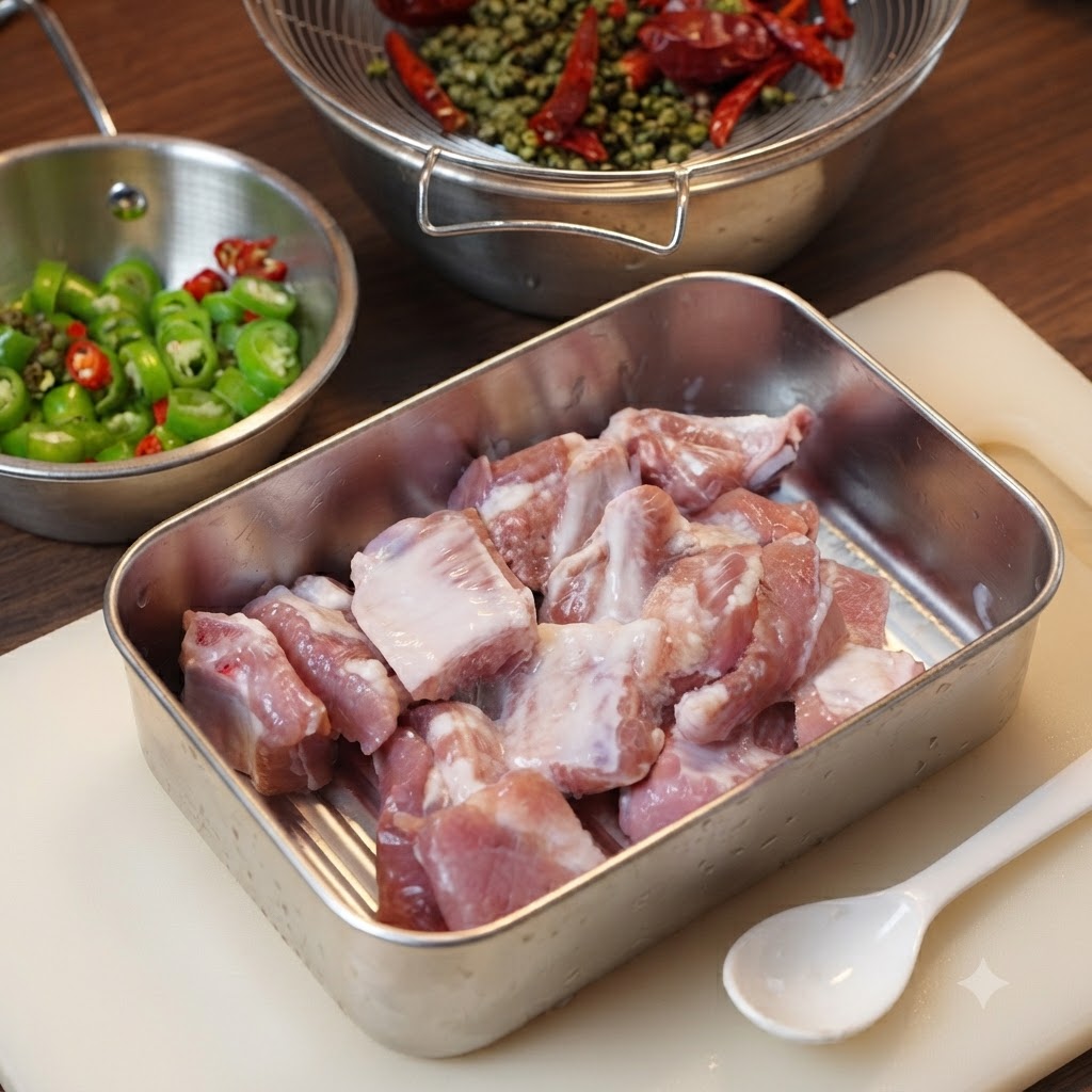 Rohe Schweinerippchenstücke in einer Metallschale werden neben Schalen mit geschnittenen Paprikas mit Maisstärke bestäubt.