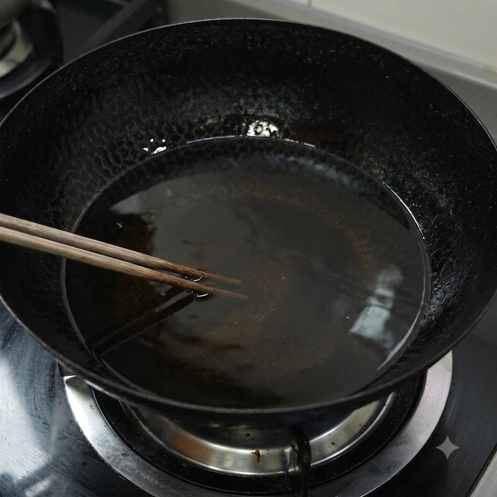 Ein großer schwarzer Wok gefüllt mit heißen Öl und darin liegenden Holzstäbchen während des Frittiervorgangs.