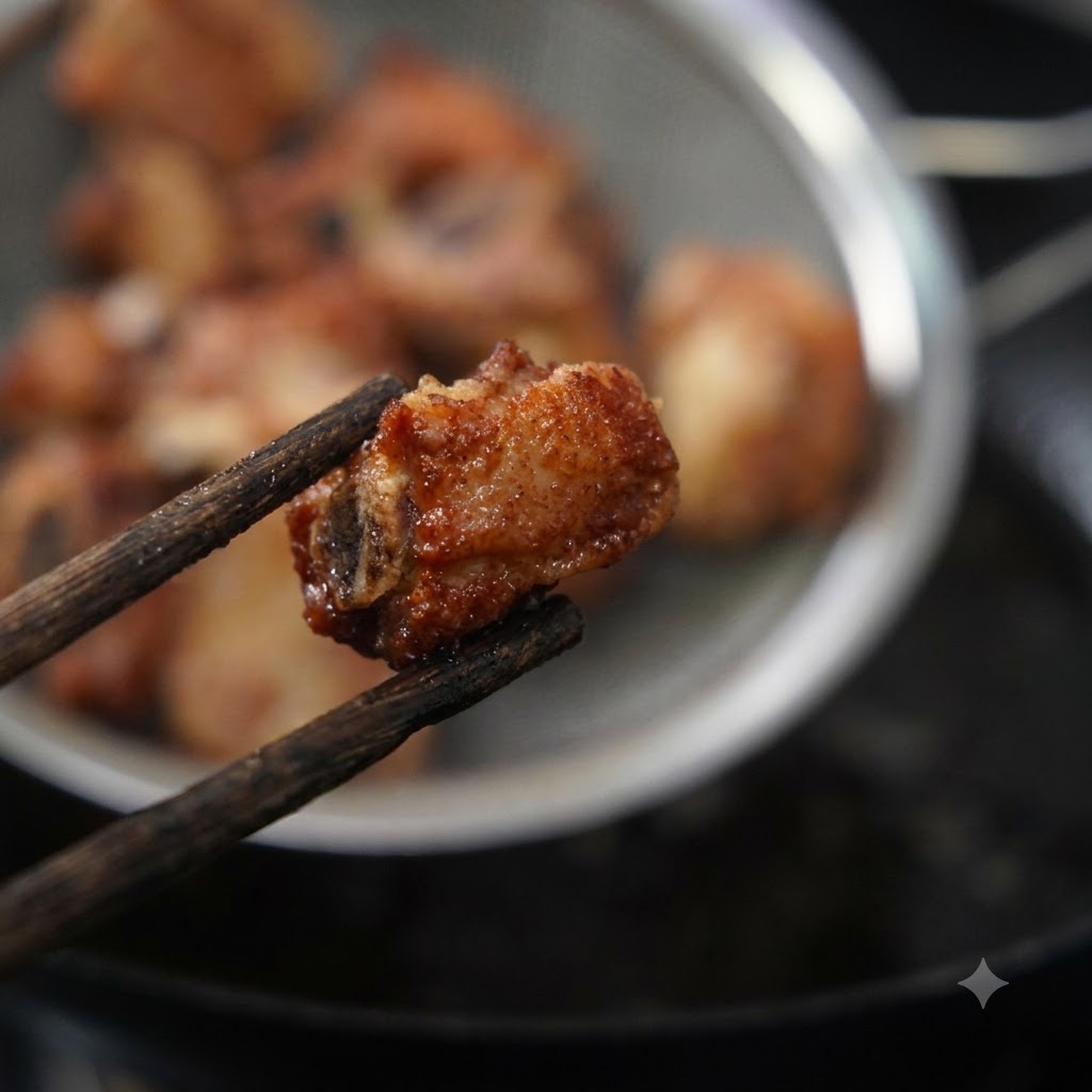 Ein knuspriges Stück frittiertes Schweinerippchen mit Holzstäbchen gehalten, im verschwommenen Hintergrund ein Sieb mit frittierten Rippchen.