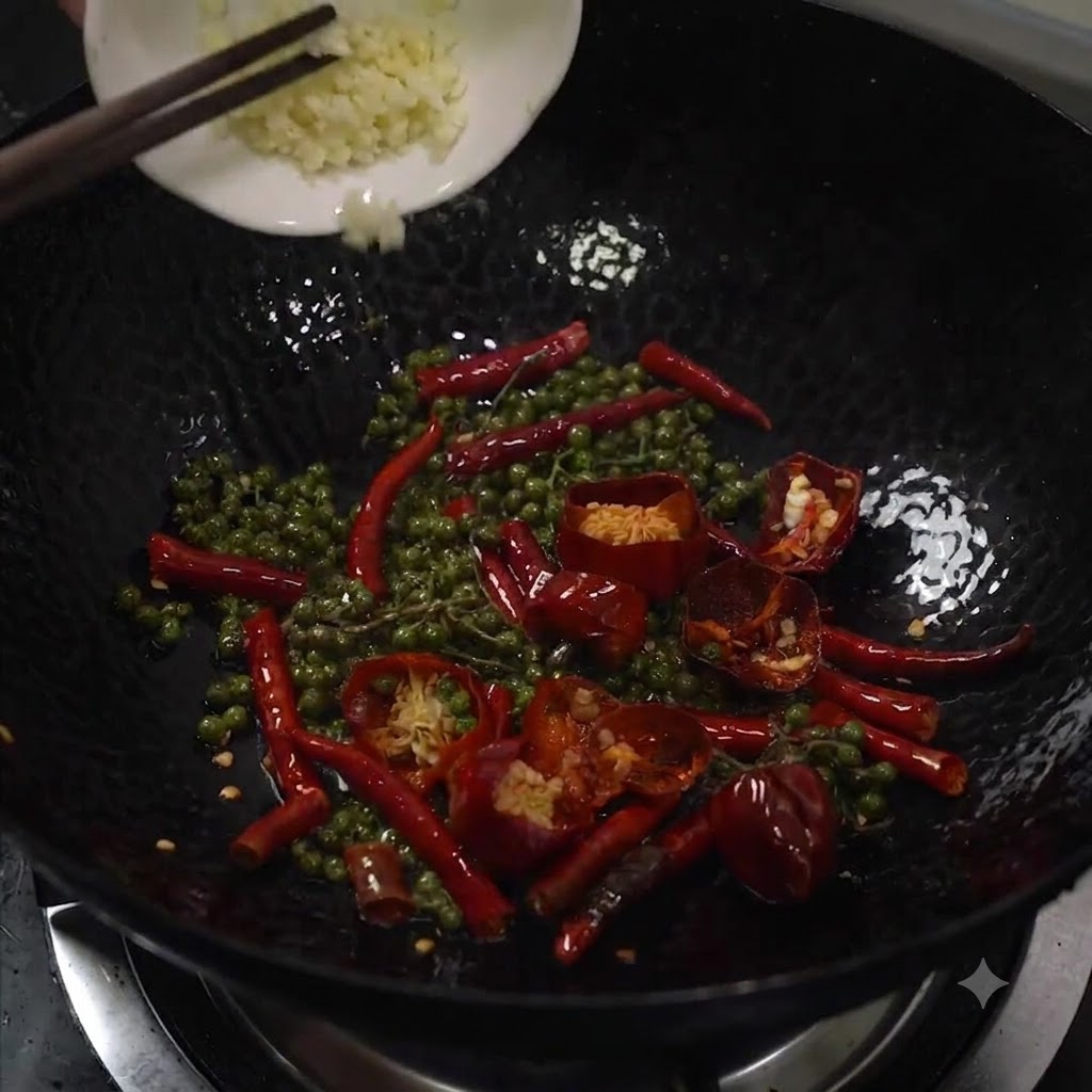 Gehackter Knoblauch wird aus einer kleinen weißen Schale in einen heißen Wok mit grünen Pfefferkörnern und getrockneten Chilis gegeben.