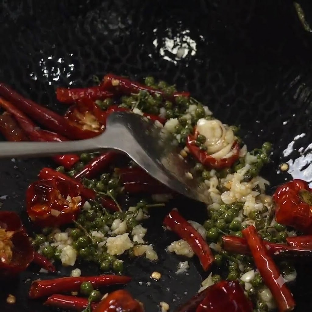 Ein Metallspatel wendet frittierte Schweinerippchen zusammen mit grünen Pfefferkörnern, getrockneten roten Chilis und gehacktem Knoblauch in einem Wok.
