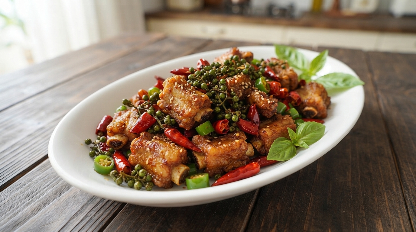 Sichuan Trocken Gebratene Schweinerippchen mit Grünen Pfefferkörnern