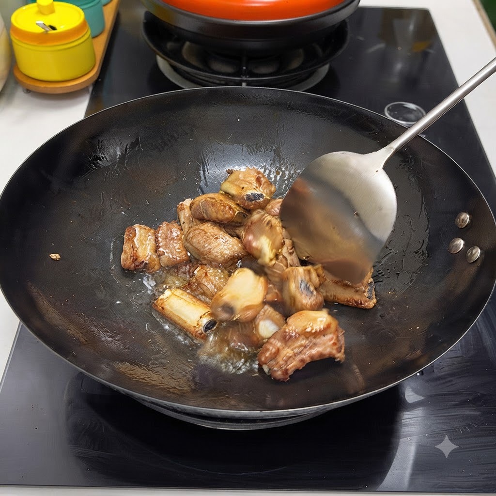 Schweinerippchen werden mit einem Metallspatel in einem Wok pfannengerührt.