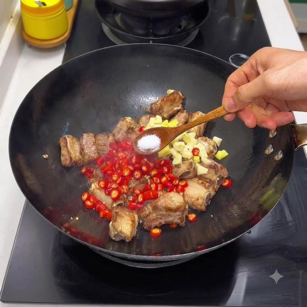 Ein Löffel Salz wird neben gehackten roten Chilis und Knoblauch zu Schweinerippchen in einen Wok gegeben.