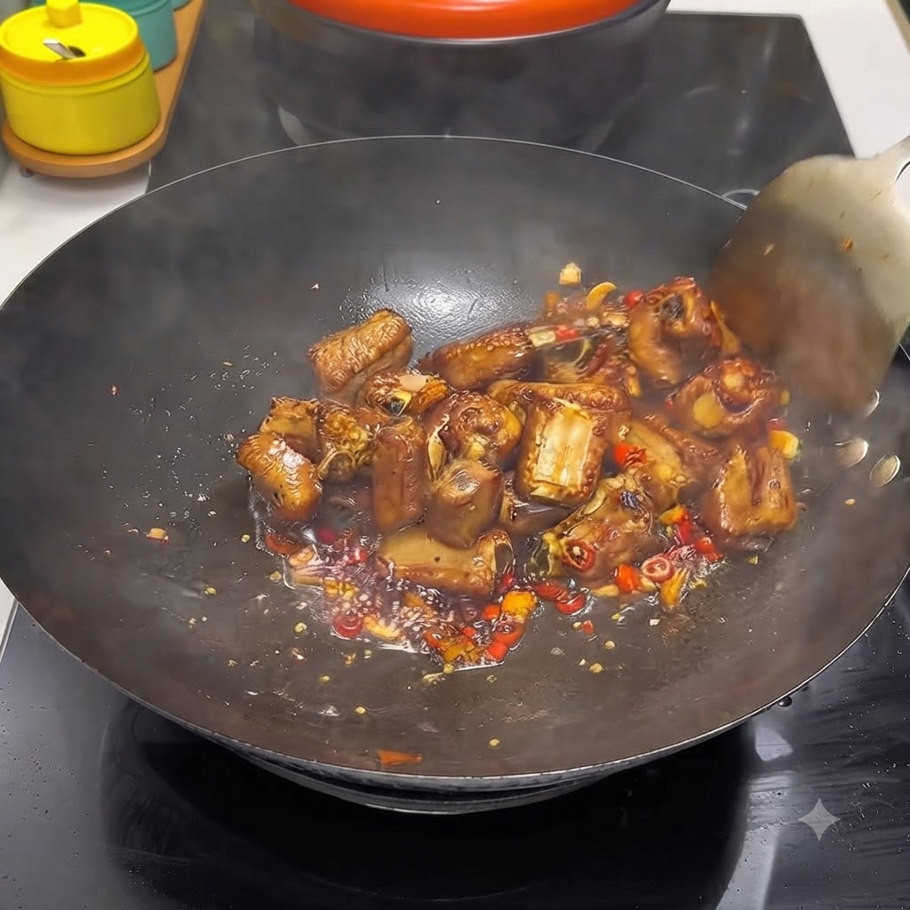 Gewürzte Schweinerippchen schmoren in Flüssigkeit in einem Wok und werden mit einem Spatel umgerührt.