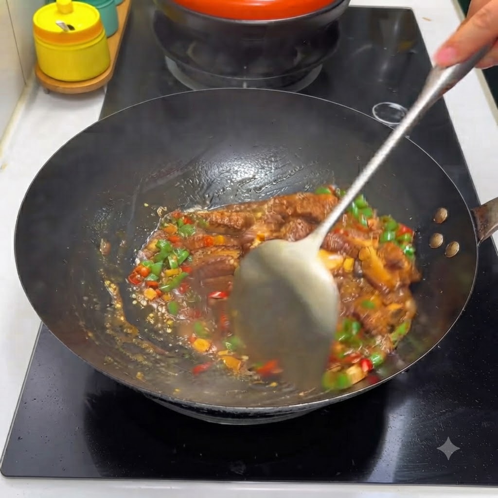 Umrühren von Schweinerippchen, die mit grünen und roten Chilis und Sauce in einem Wok vermischt sind.
