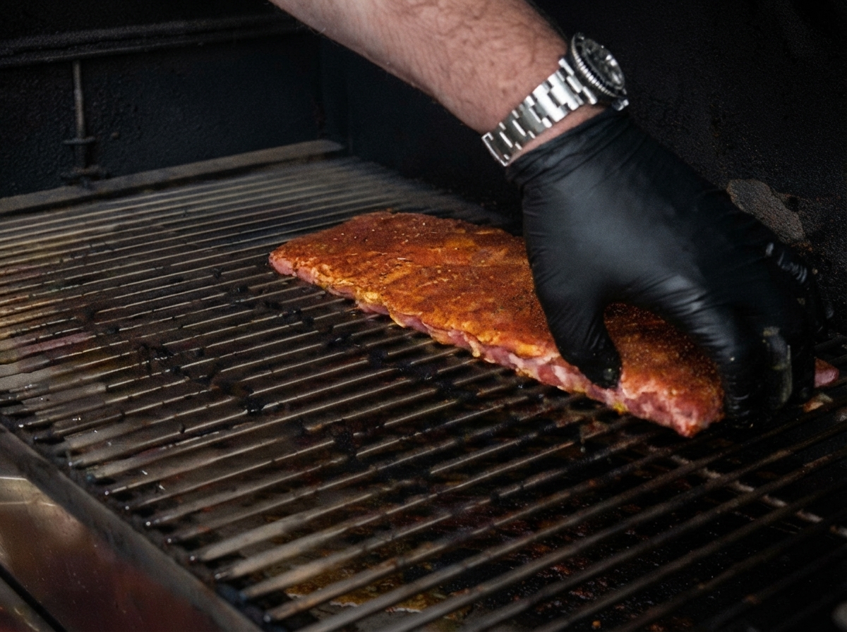 Handschuhbekleidete Hände legen gewürzte Rippchen auf die Metallroste eines Smokers.