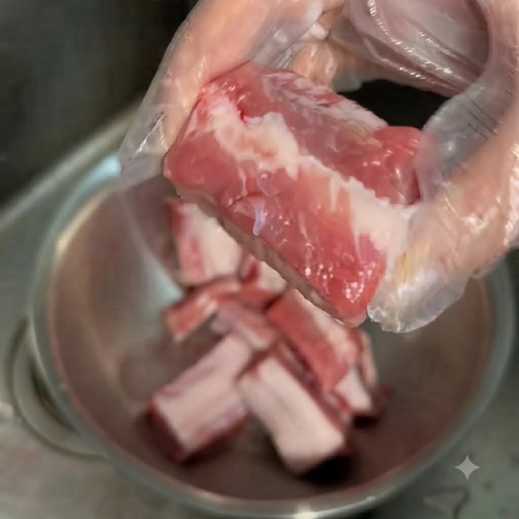 Schweinerippchenstücke werden in einer Edelstahlschüssel mit Mehl und Wasser gründlich gereinigt.