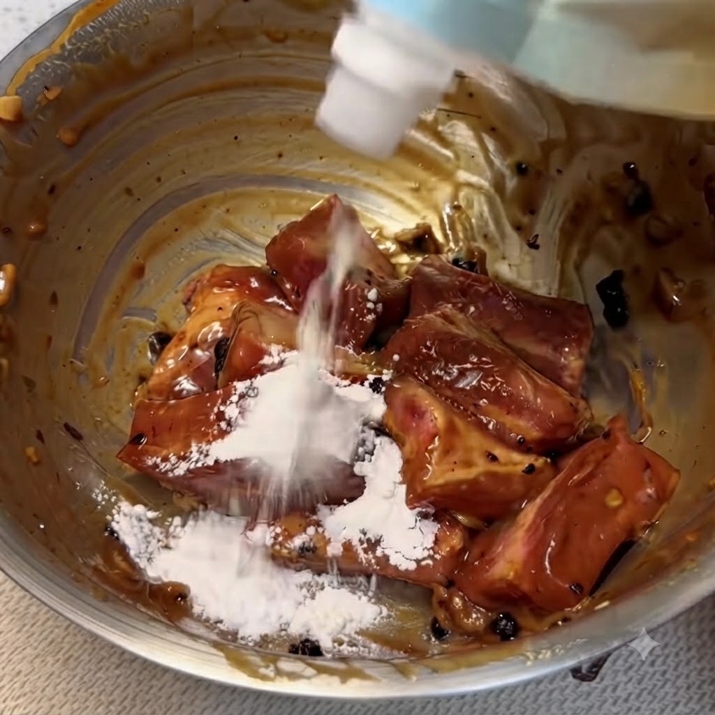 Kartoffelstärke wird direkt aus einer Spritzflasche auf die marinierten Schweinerippchen in einer Metallschüssel gegeben.