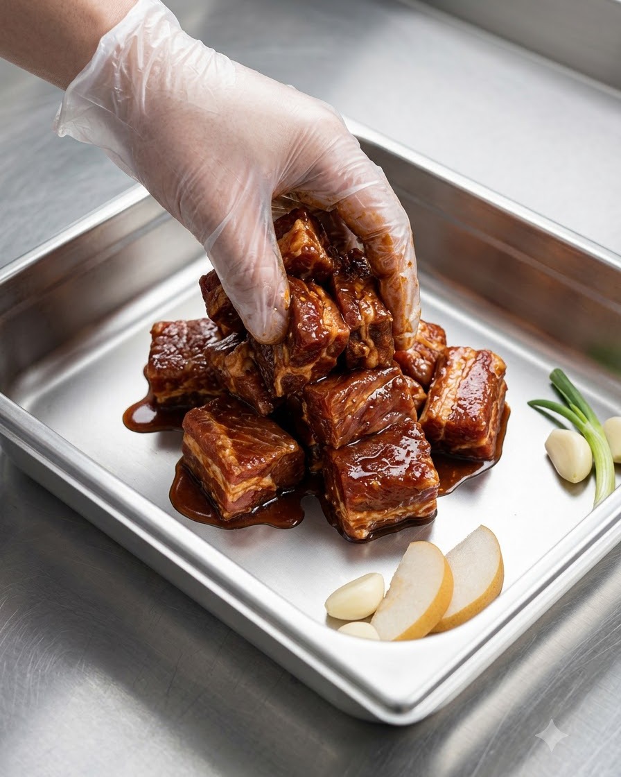 Eine handgeschützte Hand mischt und massiert die Marinade-Zutaten gründlich in die Schweinerippchen ein.