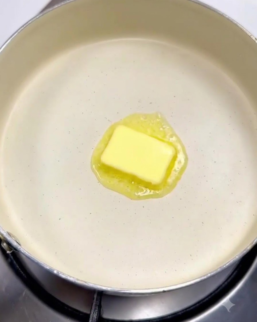 Ein Butterstück schmilzt in der Mitte einer sauberen weißen Pfanne über einer Herdplatte.
