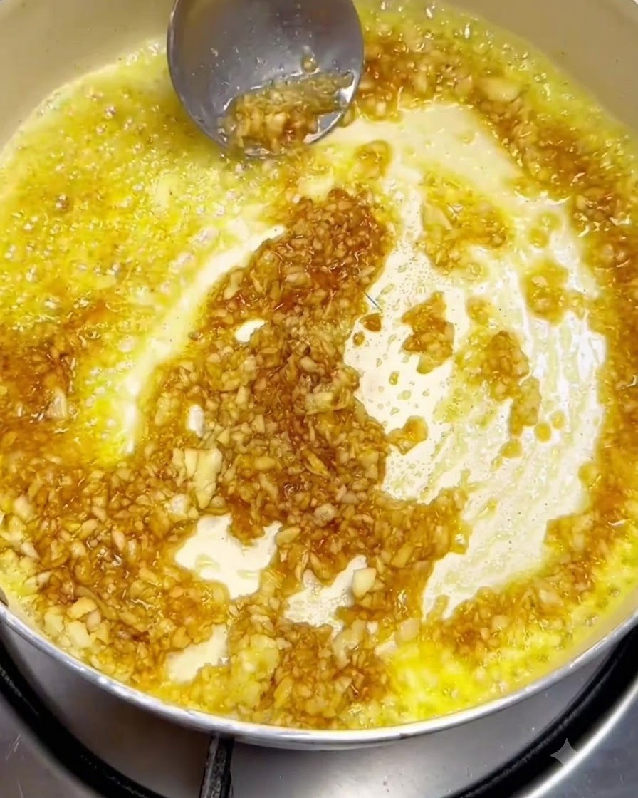 Gehackter Knoblauch und Saucenzutaten werden mit einer Metallkelle in geschmolzene Butter in einer Pfanne eingerührt.