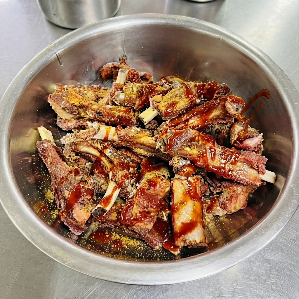 Rote Soße wird aus einer Quetschflasche auf eine Schüssel mit frittierten Schweinerippchen gegossen.