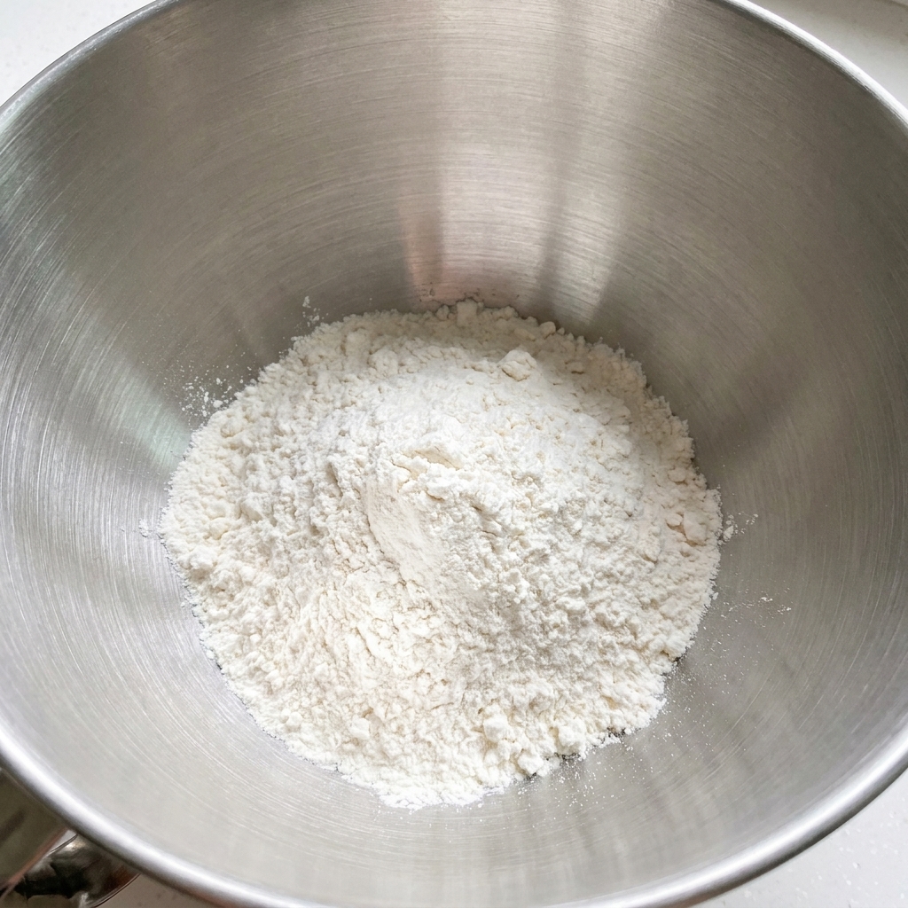 Trockenes Mehl in einer Rührschüssel aus Edelstahl.
