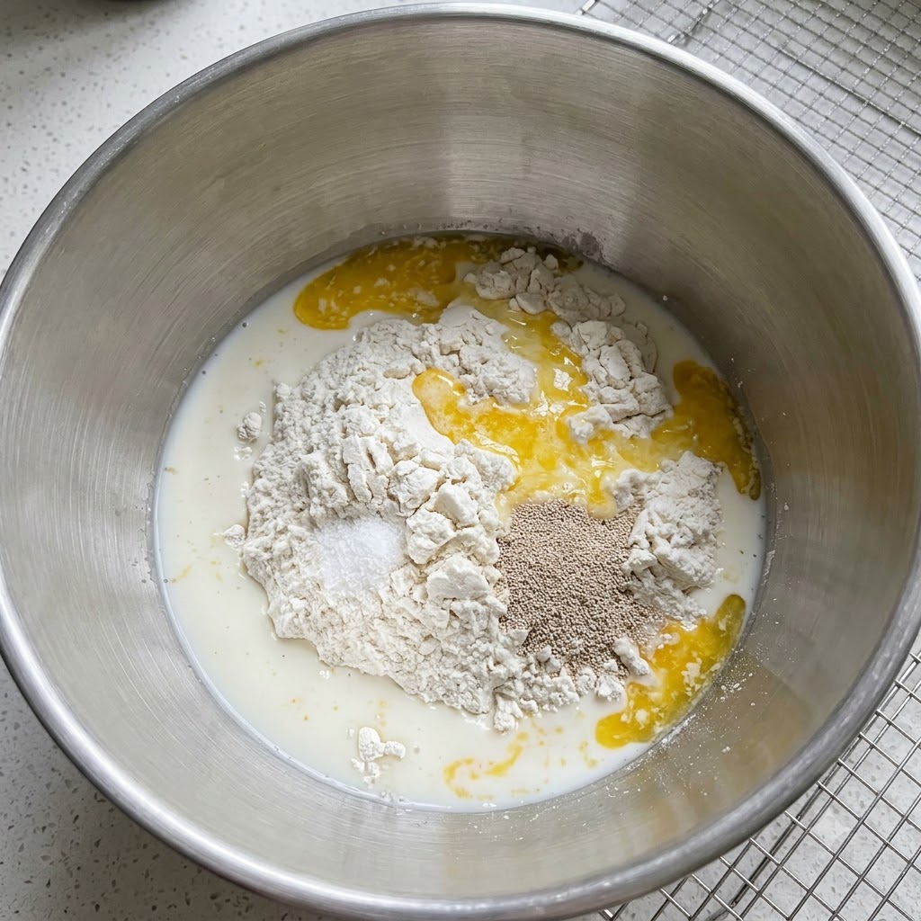 Milch, Eier, Hefe und Zucker über dem Mehl in einer Edelstahl-Rührschüssel.