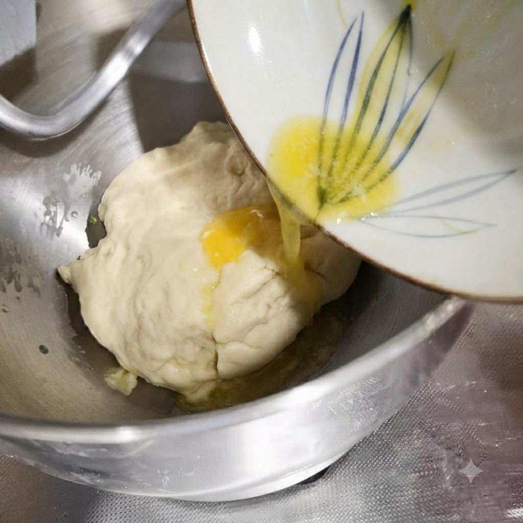 Geschmolzene Butter wird aus einer kleinen Schüssel auf den Teig in einer Rührschüssel gegossen.
