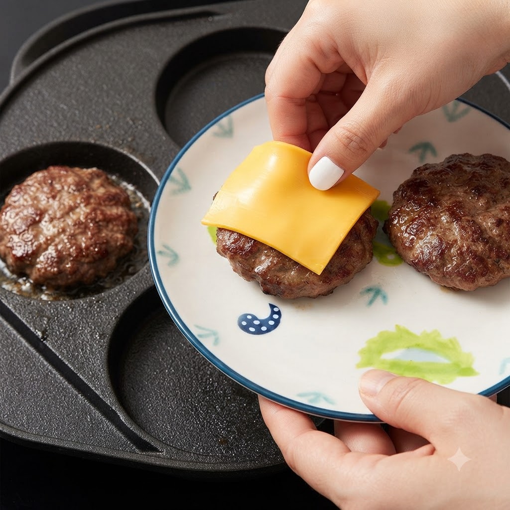 Eine Hand legt eine quadratische gelbe Käsescheibe auf ein frisch gebratenes Burger-Patty auf einem gemusterten Teller.