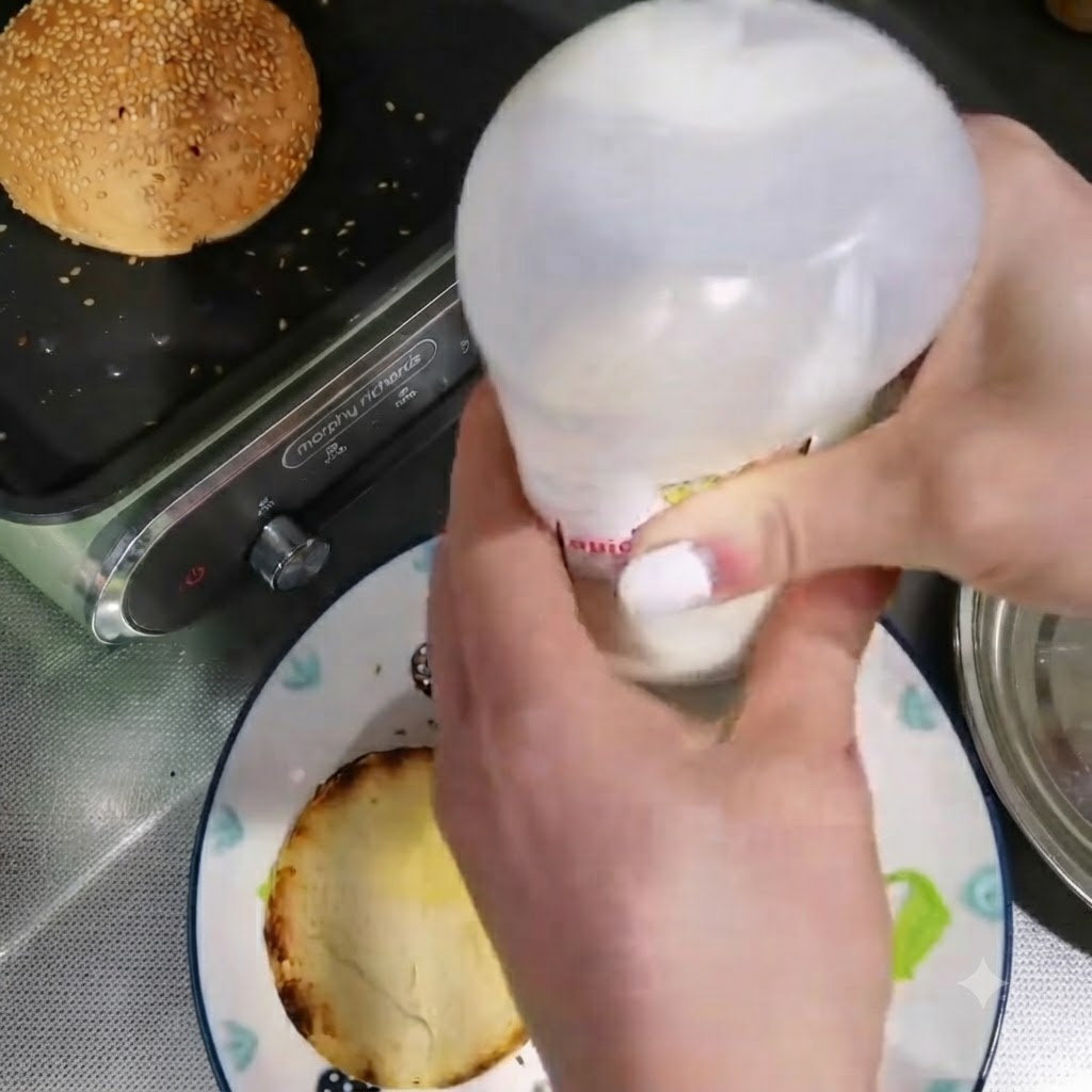 Mayonnaise wird aus einer Flasche auf eine getoastete Burgerbrötchenhälfte auf einem Teller gedrückt.