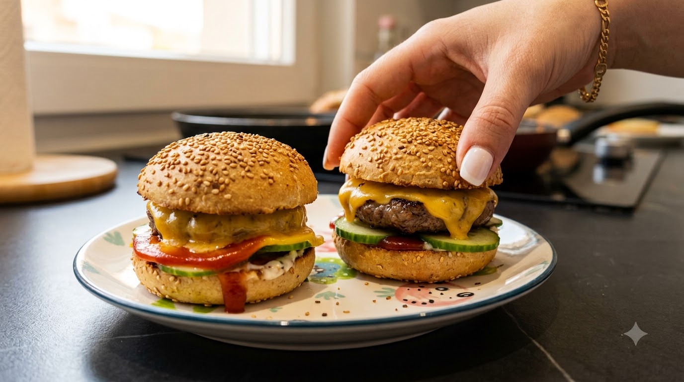 Zwei hausgemachte Mini-Cheeseburger auf einem dekorativen Teller, wobei einer von Hand gehalten wird.