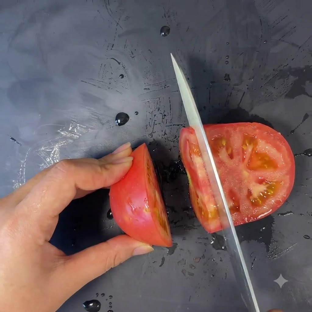 Eine Tomate wird mit einem weißen Keramikmesser auf einer dunklen Oberfläche in Scheiben geschnitten.