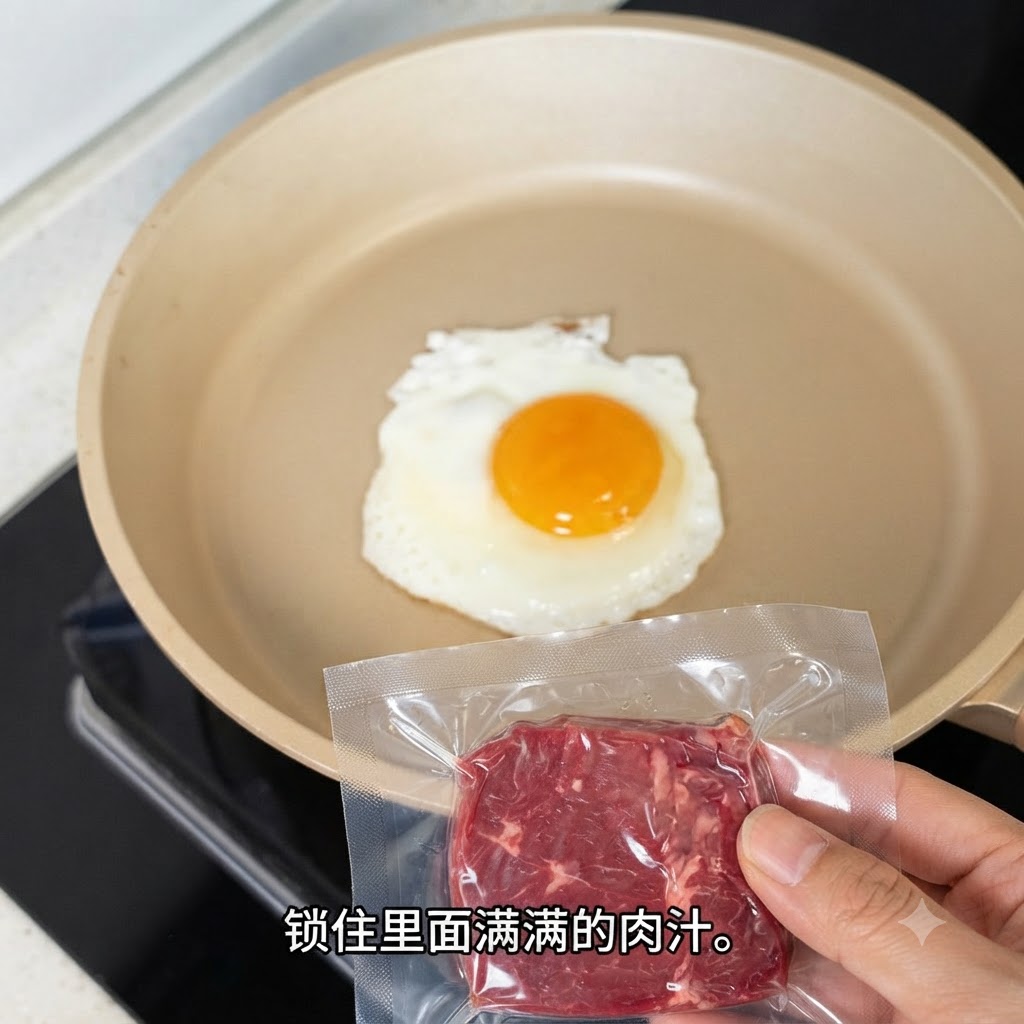 Ein abgepacktes Angus-Rinderpatty wird über eine Pfanne mit einem Spiegelei gehalten.