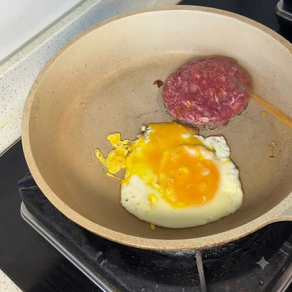 Ein rohes Angus-Rinderpatty und ein Spiegelei braten in einer Pfanne mit einem Holzspatel in der Nähe.