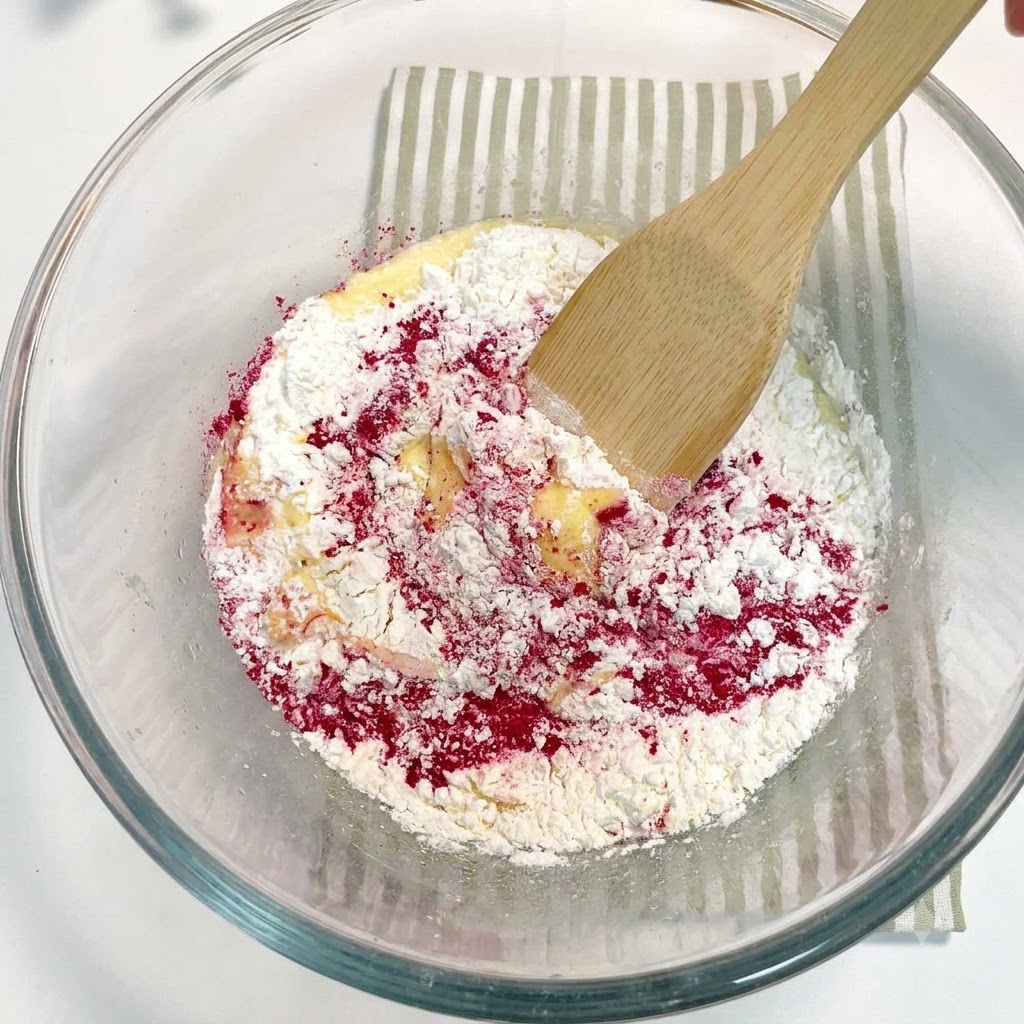 Zutaten werden mit einem Spatel in einer Glasschüssel zu einem rosa Teig vermischt.