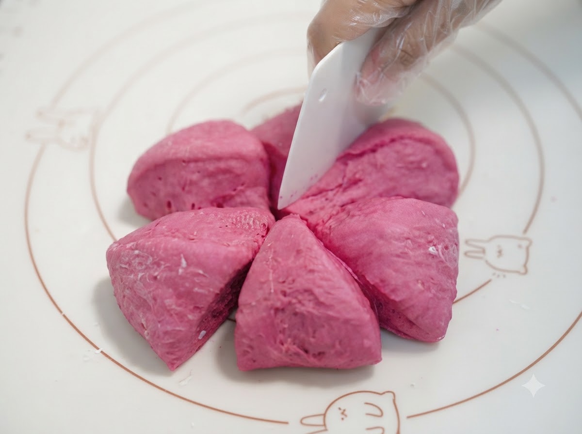 Rosa Teig wird mit einem Teigschneider in 6 gleich große Portionen geschnitten und geteilt.