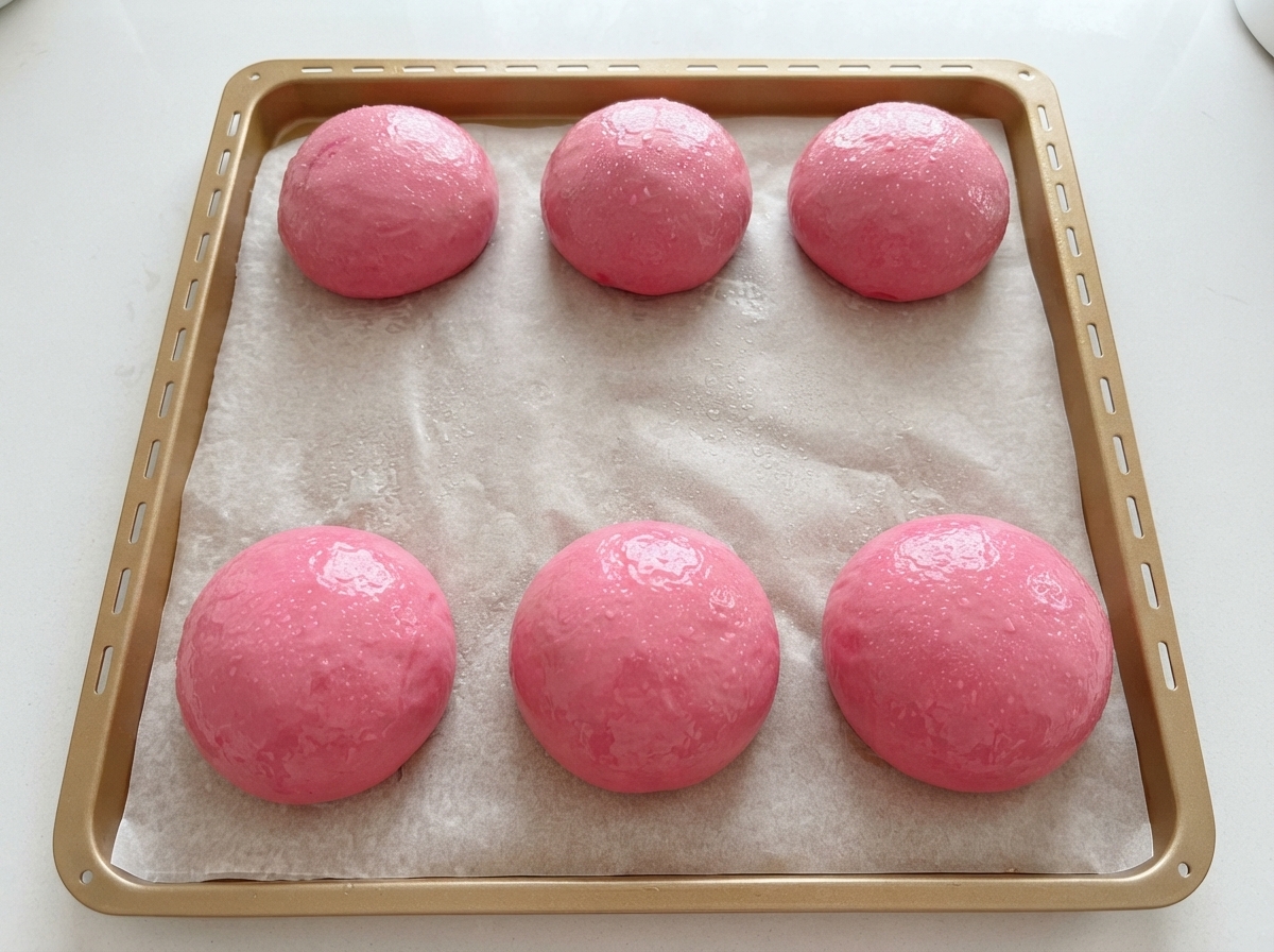 Die Oberfläche der gegangenen rosa Teigbrötchen wird mit Wasser besprüht und mit Sesamsamen bestreut.