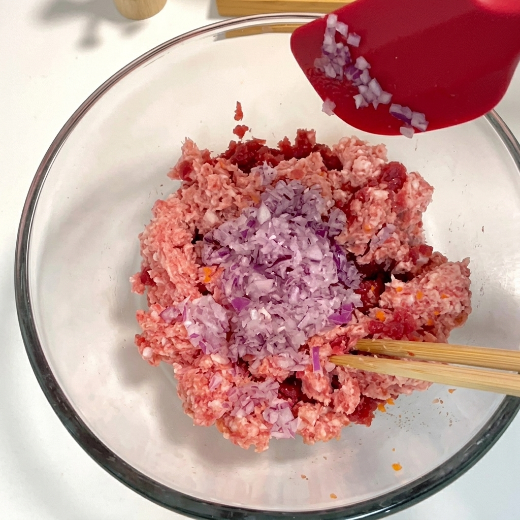 Ein roter Silikonspatel schabt violette, zerkleinerte Zwiebeln von seiner Oberfläche direkt in eine Schüssel mit Hackfleisch und Gemüse.