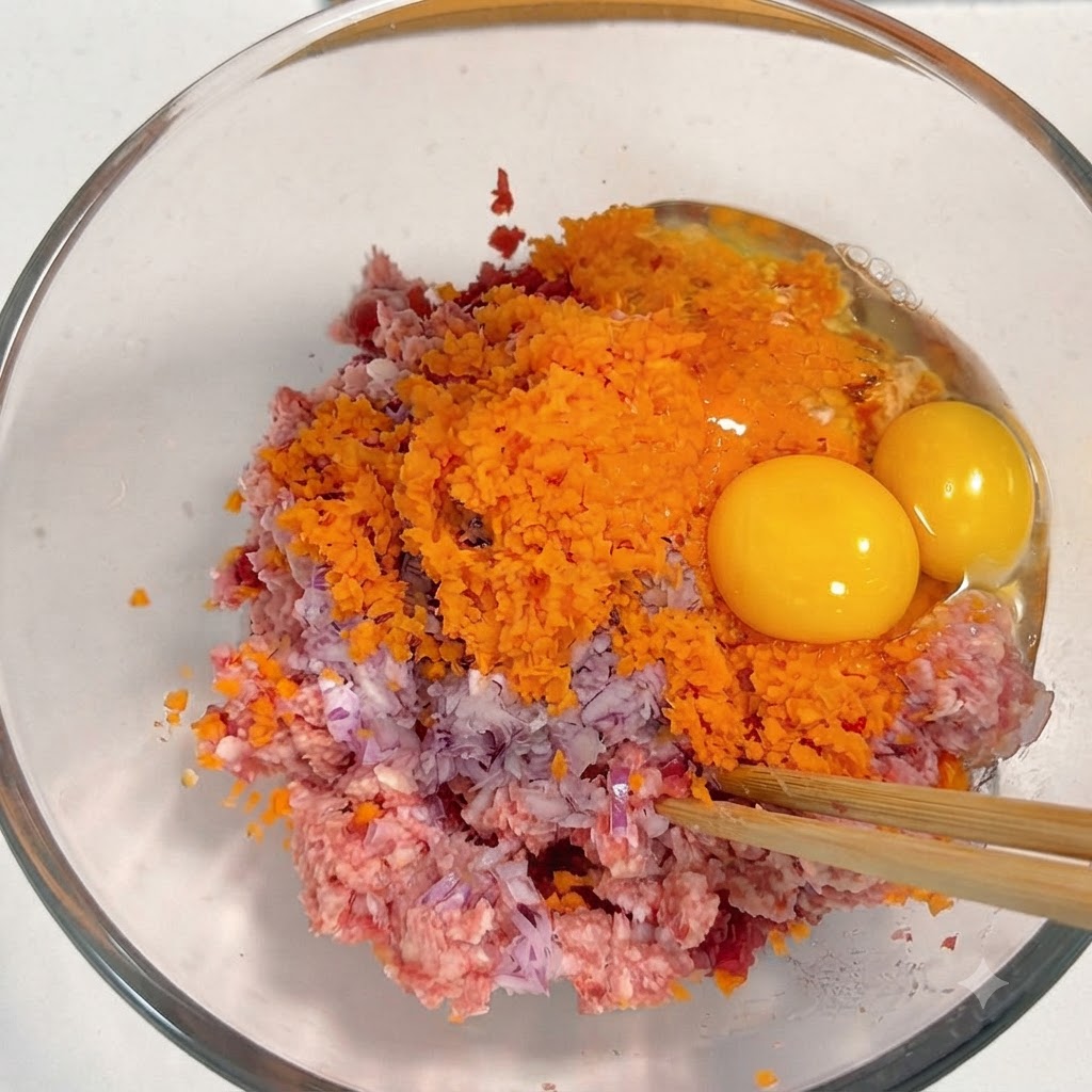 Zwei ganze rohe Eigelbe liegen oben auf geriebenen orangefarbenen Karotten, violetten Zwiebeln und Hackfleisch in einer klaren Glasschüssel.