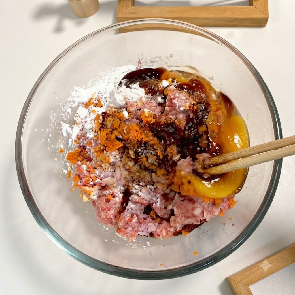 Ein Paar Holzsprstäbchen rührt dunkle Saucen, weiße Stärke und andere Zutaten in die Fleisch-Gemüse-Mischung in einer Glasschüssel.