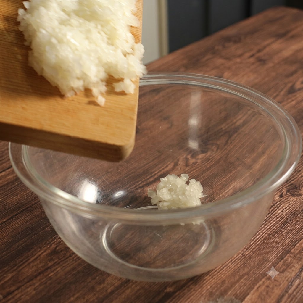Fein gehackte Zwiebeln in einer klaren Glasschüssel, dicht mit Frischhaltefolie abgedeckt, bereit für die Mikrowelle.