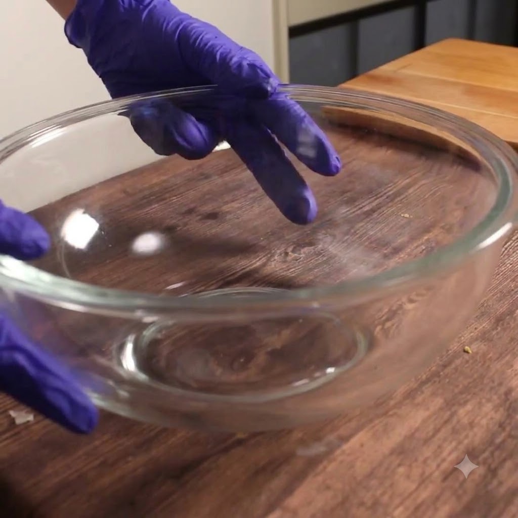 Eine große Glasschüssel mit Hackfleisch und Salz, das gründlich mit Handschuhen von Hand geknetet wird.