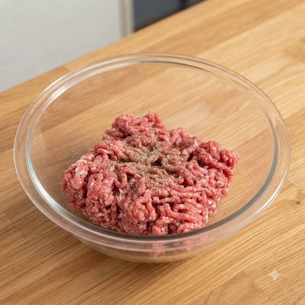 Hackfleisch in einer Glasschüssel, vermischt mit weißem Pfeffer, Ei und weichen Zwiebelstücken.